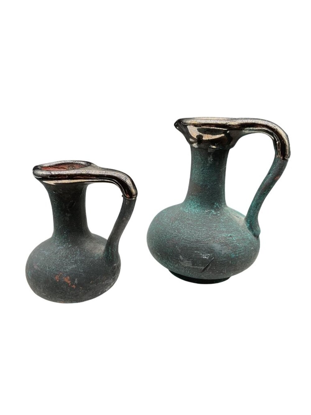 Vintage Pair Of Mini Jugs Pitchers Mid East Egyptian Style Ceramic & Metal